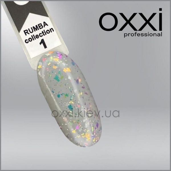 Гель-лак Rumba Oxxi 1, золотисто-салатовий мікс слюди на прозорій основі, 10мл