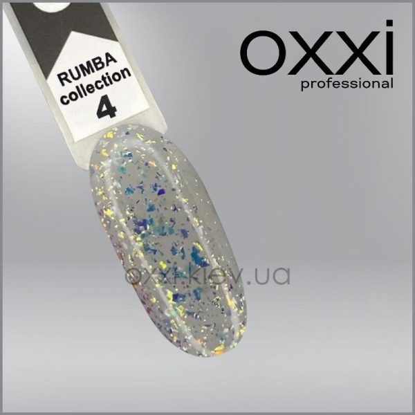 Гель-лак Rumba Oxxi 4, салатово-золотистий мікс слюди на прозорій основі, 10мл