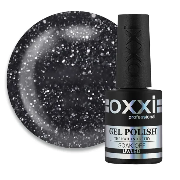 Гель-лак Disco Oxxi 2, чорний з сріблястими блискітками та шиммерами, напівпрозорий, світловідбивний, 10мл
