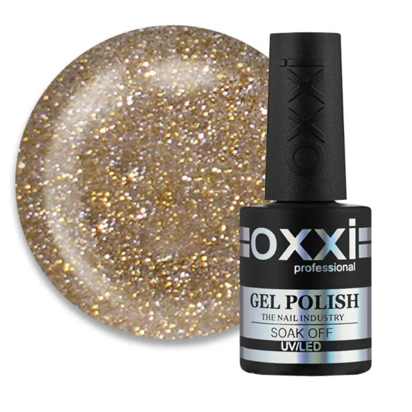 Гель-лак Disco Oxxi 3, мікс золотистих і сріблястих блискіток і шиммерів на прозорій основі, світловідбиваючий, 10мл
