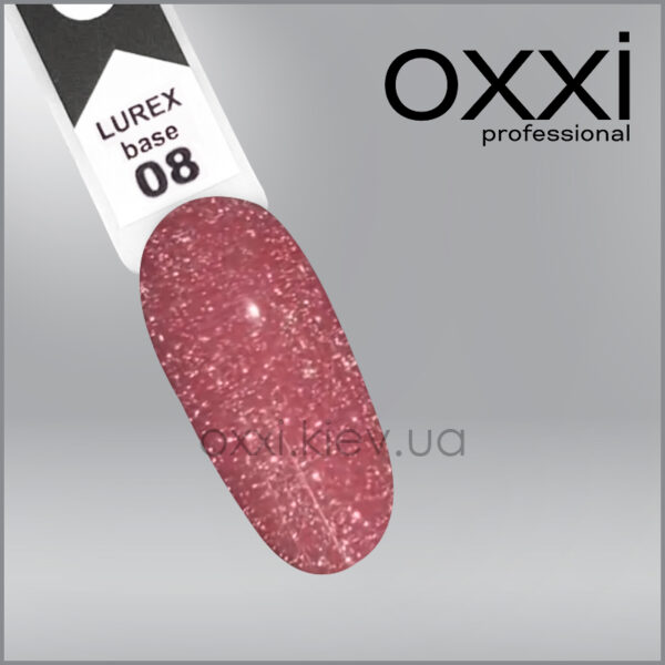 Камуфлююча база для гель-лаку Oxxi Professional Lurex Base 8, рожевий персик, світловідбивна, 10мл - Image 2