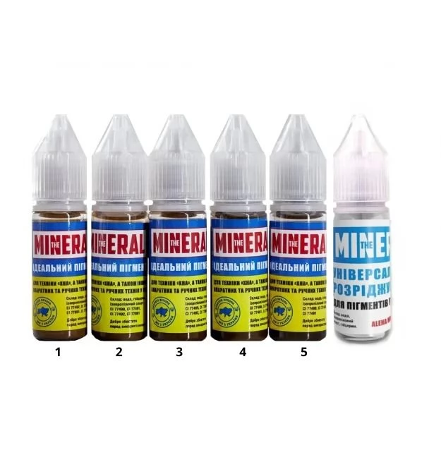The Mineral - Set of pigments for permanent makeup The Mineral, 5 pcs + thinner - סט פיגמנטים לאיפור קבוע ה-5 יח' + מדלל