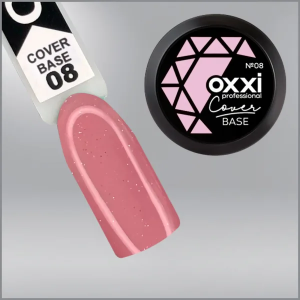 Камуфлююча база для гель-лаку Oxxi Professional Cover Base Coat 8 ніжно-рожева зі срібним шиммером, 30мл