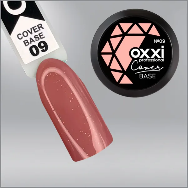 Камуфлююча база для гель-лаку Oxxi Professional Cover Base Coat 9 натуральна бежева із золотим шиммером, 30мл