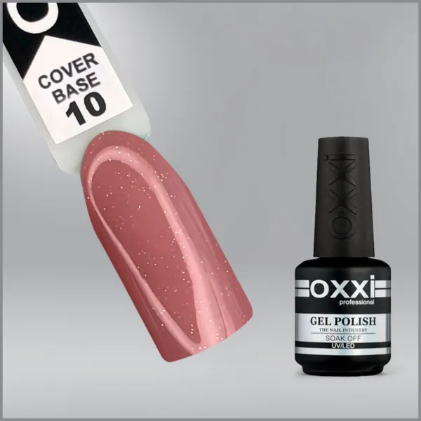 Камуфлююча база для гель-лаку Oxxi Professional Cover Base Coat 10 ніжно-рожева зі срібним шиммером, 15мл