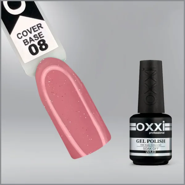 Камуфлююча база для гель-лаку Oxxi Professional Cover Base Coat 8 ніжно-рожева зі срібним шиммером, 15мл