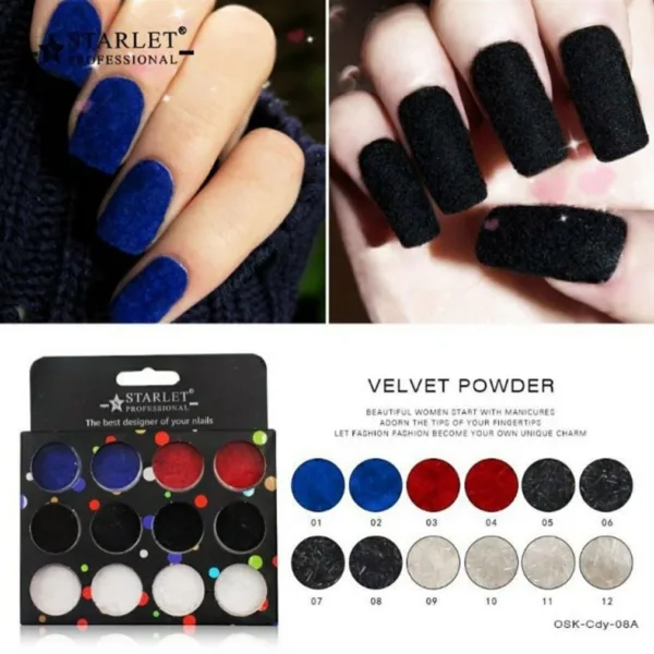 STARLET PROFESSIONAL - SET OF DECOR FOR NAILS  VELVET POWDER, 12 PCS WHITE/BLACK - אבקת קטיפה 2