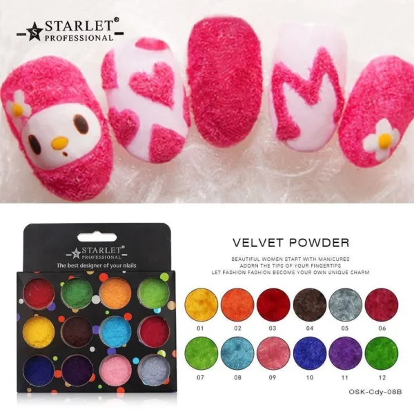 STARLET PROFESSIONAL - SET OF DECOR FOR NAILS VELVET POWDER, ST-06D 12 PCS - אבקת קטיפה