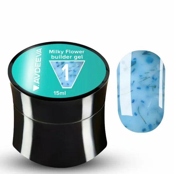 V.AVDEEVA - Builder Gel Milky Flower, No.1 with Blue Dried Flowers, 15ml - בילדר ג'ל פרחים חלבי 15 מל, צבע חלבי כחול - מס, 01
