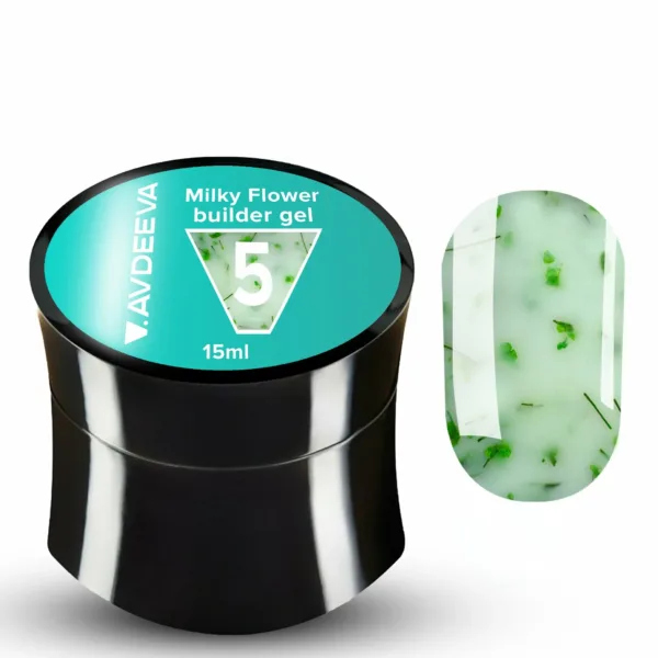 V.AVDEEVA - Builder Gel Milky Flower, No.5 with Green Dried Flowers, 15ml - בילדר ג'ל פרחים חלבי 15 מל, צבע חלבי ירוק - מס, 05