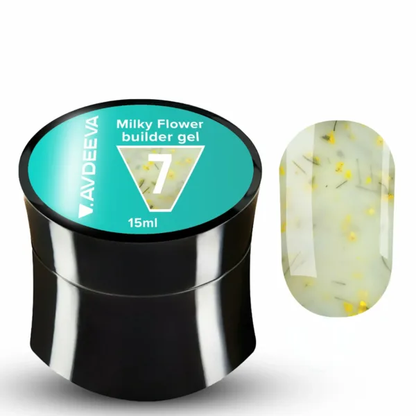V.AVDEEVA - Builder Gel Milky Flower, No.7 with Yellow Dried Flowers, 15ml - בילדר ג'ל פרחים חלבי 15 מל, צבע חלבי צהוב - מס, 07