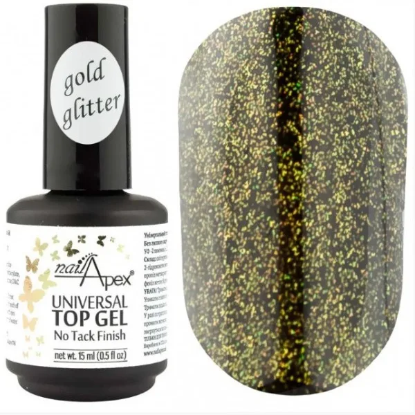 NAILAPEX - Top Gold Glitter no stiki ,15 Ml - טופ גליטר זהב ללא נטרול 15 מל