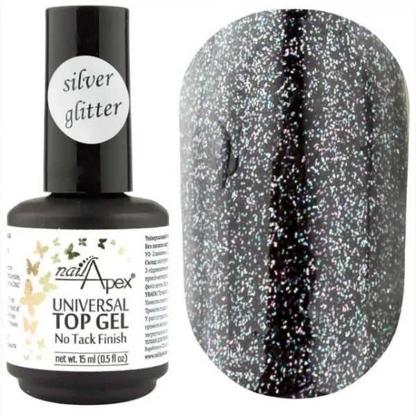 NAILAPEX - Top Silver Glitter no stiki , 15 Ml - טופ גליטר כסוף ללא נטרול 15 מל